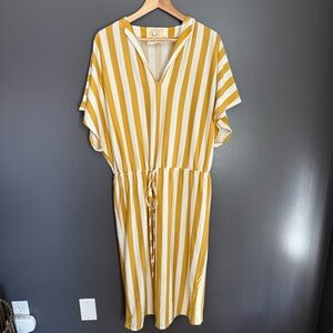 Fantastic Fawn Women Cinch Waist Striped Tee Shirt Dress Yellow White Striped Sm